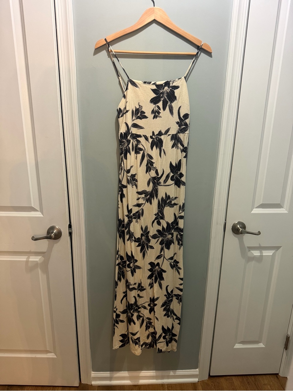 Linen/ Rayon Blend  Maxi Dress with Black Floral Pattern